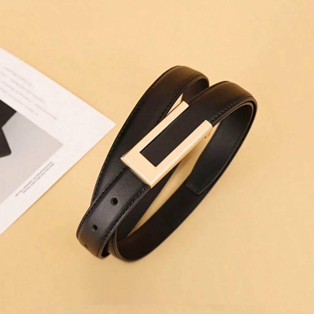 Black or Brown PU Leather Belt Gold Tone Rectangular Buckle